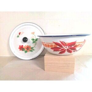 VTG 1950'S Metal Enamel Flower Bowl w/ Lid  7.5” Bumper Harvest Brand